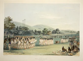 Baile de Jugadores de Pelota, de la Cartera de Indios Norteamericanos de Catlin. Escenas de Caza y Diversiones de las Montañas Rocosas y Praderas de América, pub. 1845